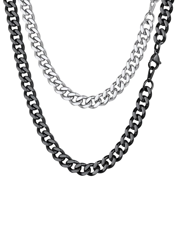 chii◎ FindChic 7MM 20'' Black and Stainless Steel Chain Necklace
